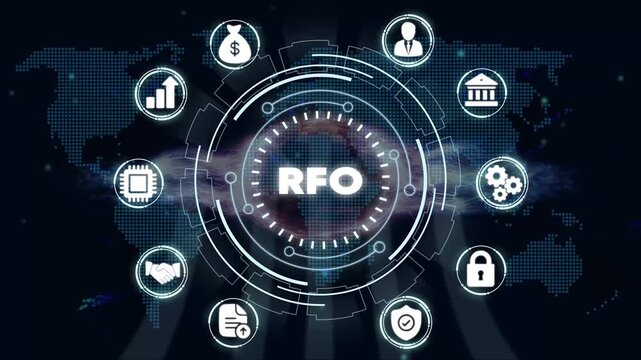 R F O Request For Offer Business Concept with and Map in Background for Finance and Technology Presentations