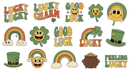 Fototapeta premium Lucky Charm Stickers with Rainbows, Clovers, and Pots of Gold for St