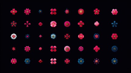 An array of colorful floral illustrations, arranged on a dark background
