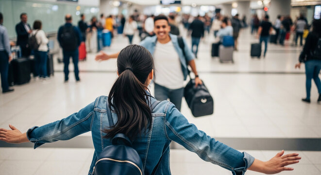 Young woman running to hug a man at the airport arrival terminal