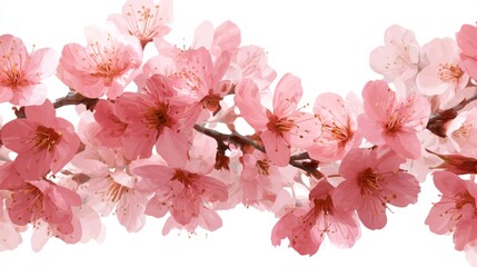Fototapeta premium Close-up of blossoming pink flowers with yellow centers on a brown branch, white background