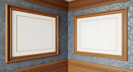 Fototapeta premium Luxurious room corner with ornate wallpaper and empty picture frames in gold