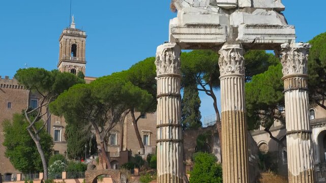 Roman forum archaeological site with temple of castor and pollux ruins. Ancient roman ruins of the temple of castor and pollux standing among the historic remains of the roman forum in rome, italy