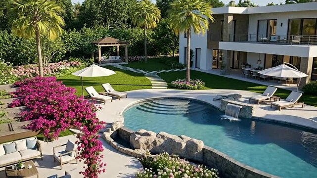 Stylish villa with a pool and lush garden, perfect for relaxation.