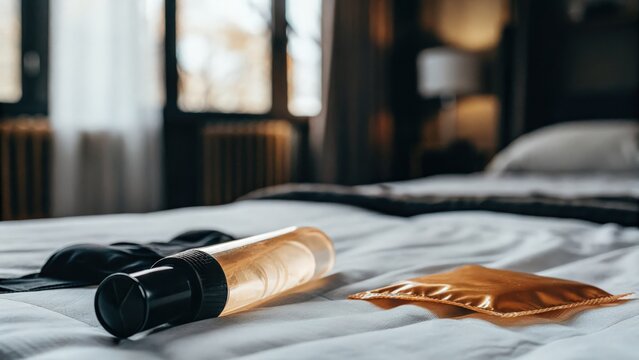 Bottle of personal lubricant and condom packet on a neatly made bed