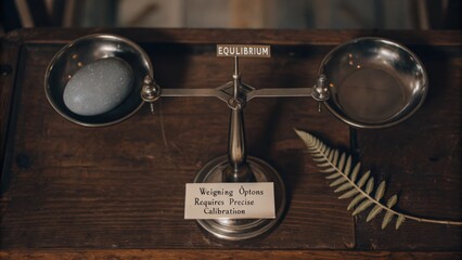Antique balance scale displaying equilibrium on a wooden surface with symbolic inscriptions and natural elements