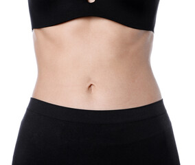 Woman in underwear after weight loss on white background, closeup