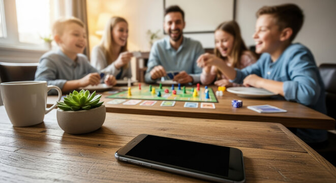 Happy parents and children spend quality time, playing fun board games. They enjoy life offline, without constant internet or social media engagement.