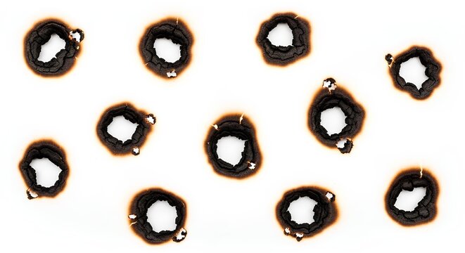 Collection of burnt holes arranged randomly on a surface viewed from directly above