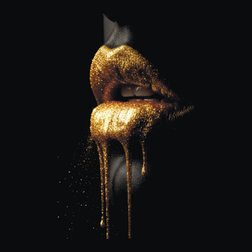3d sensual female lips covered in dripping golden glitter. Luxury makeup concept with shimmering gold paint and sparkling dust on a black background. High-end beauty vector art.