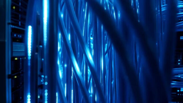 Abstract glowing blue fiber optic cables. Futuristic data transfer technology background.