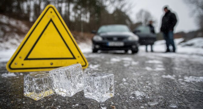 Icy road warning.  People near cars.  Yellow triangle sign