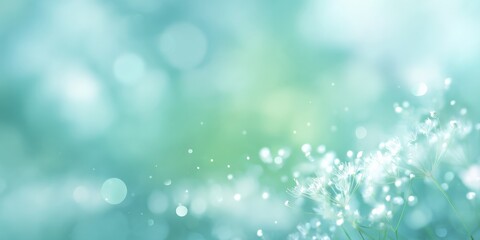Fototapeta premium Delicate dandelion seeds in tranquil blue and green bokeh background
