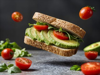 Avocado tomato sandwich mid-air
