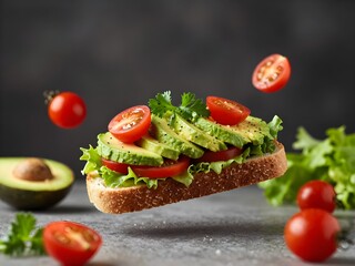 Avocado tomato sandwich mid-air