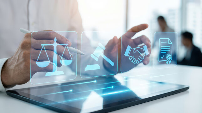 Person interacts with digital interface displaying legal icons, including scales of justice, gavel, handshake, and document, symbolizing modern legal technology