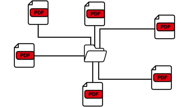 Animated folder icon branching out to multiple PDF files, illustrating data distribution, document management, and file systems.