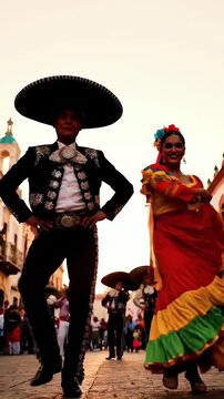 Traditional Mexican Dancers Performing in Colorful Attire on Street