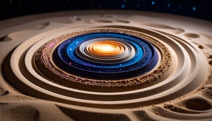 Fototapeta premium Cosmic Geode: A Luminous Galaxy Core within Concentric Sandy Layers