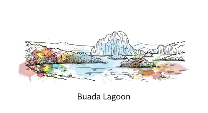 Scenic Landscape Illustration of Buada Lagoon, Vibrant Nature and Serene Waters in a Calm Environment