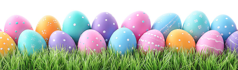 Colorful Easter eggs placed on green grass isolated on white or transparent background