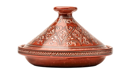 Ceramic tajine with a conical lid displayed on a white background
