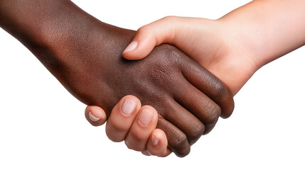 Two hands join in a handshake showing unity and connection between different skin tones isolated on white or strain,sparent background
