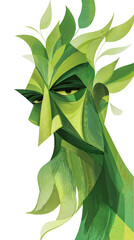 Artistic representation of a green man with leaves in a close-up portrait style isolated on white background