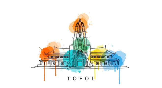 Artistic Illustration of Tofol Temple, Cultural Heritage Landmark, Vibrant Colors, Creative Design, Urban Environment