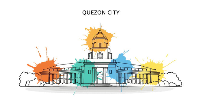 Artistic Illustration of Quezon City Hall with Colorful Splashes, Quezon City, Graphic Design, Urban Landscape, Aerial Perspective