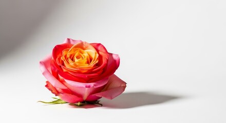 Fototapeta premium A beautiful vibrant rose blossom isolated against a stark white studio background, emphasizing elegance, purity, and natural grace, minimal, spring, minimalism