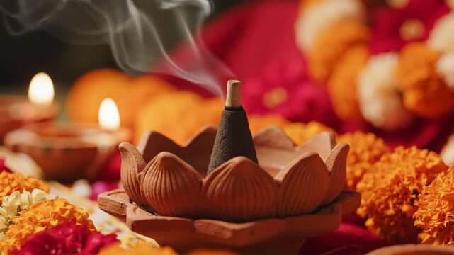 Diwali celebration with incense holder on floral arrangement and candles. Diwali rituals include colorful flowers, clay diya lamps, and aromatic incense for offering prayers.