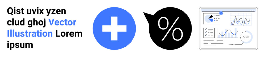 Fototapeta premium Healthcare, financial analytics, data trends, business reports, infographic design, modern analysis. Medical cross, a percentage symbol and data visualization with graphs. Healthcare and financial