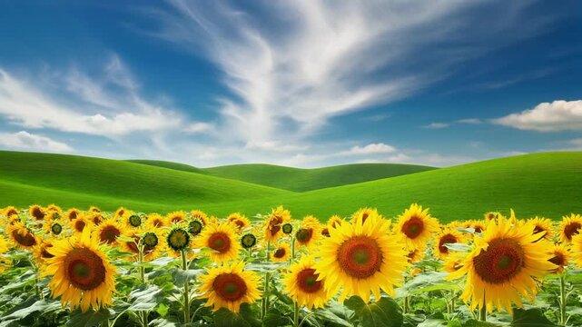 Sunflowers in a Scenic Meadow with Rolling Green Hills Generative AI