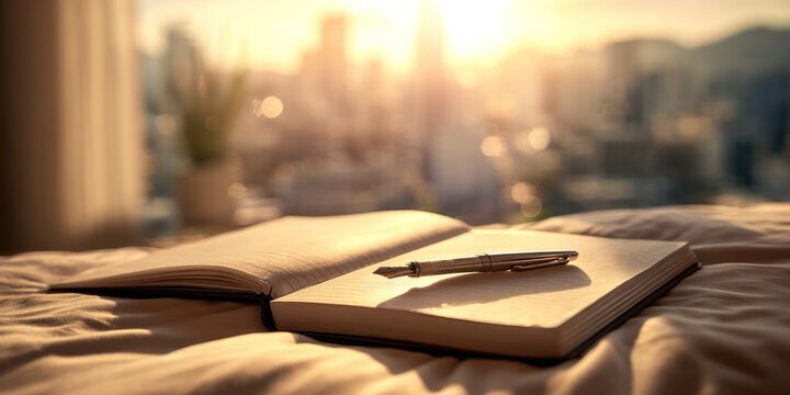 Open notebook with pen on bed bathed in sunlight.