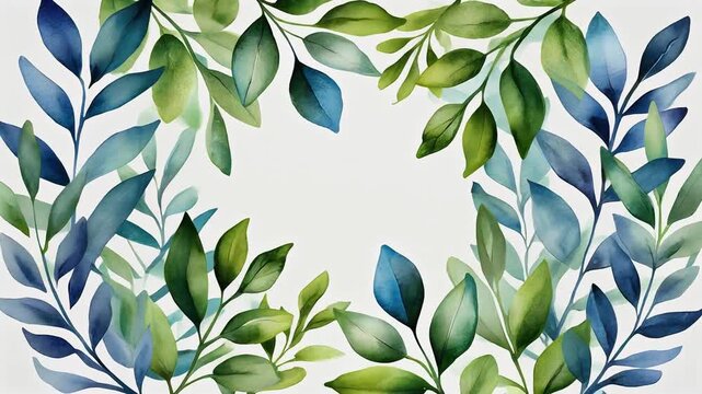 Watercolor Blue and Green Leaves Frame Generative AI