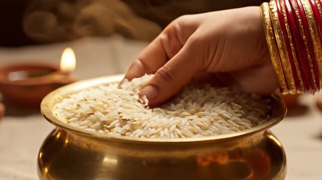 Hand pouring rice from brass pot during Lakshmi Puja ceremony celebration. Ritual involves traditional offerings with rice and sacred lighting for auspicious occasions.