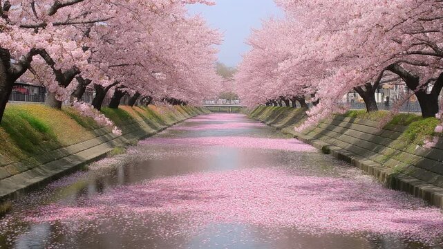 Blooming Cherry Blossom Trees Along a Scenic Canal Generative AI