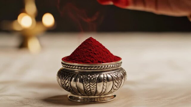 Red powder in silver bowl for Diwali celebrations, hand sprinkling traditional kumkum powder onto festive offering.