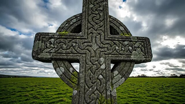 Celtic stone cross in a green field under a cloudy sky. Ancient high cross with intricate knotwork carvings. Irish heritage and religious history concept