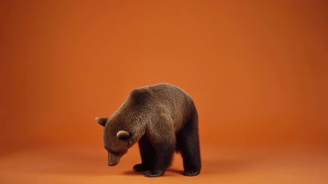 Brown Bear Standing on Hind Legs Against Orange Background Generative AI