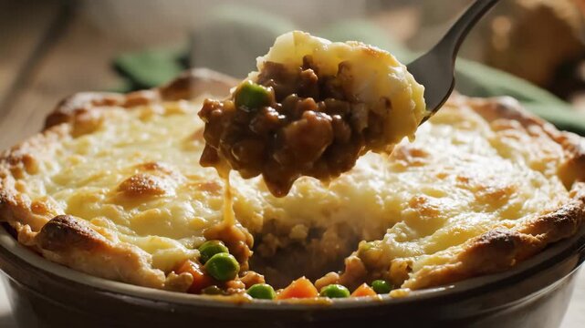 Close-up of a fork lifting a portion of hot shepherd's pie. Savory meat and vegetable filling under golden mashed potatoes. Traditional comfort food meal