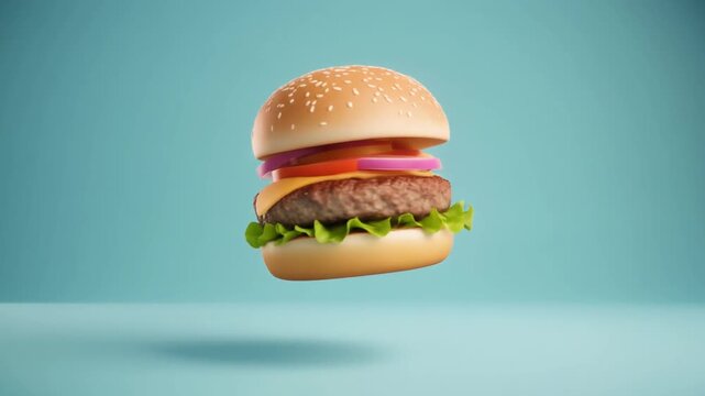Floating Delicious Cheeseburger on Blue Background Generative AI