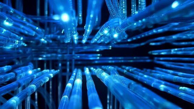 Abstract glowing blue fiber optic cables. Futuristic data transfer technology background.