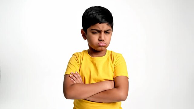 Indian boy expressing anger and frustration. Upset child with arms crossed pouting and looking away. Stubborn kid shouting and throwing a tantrum in a studio setting