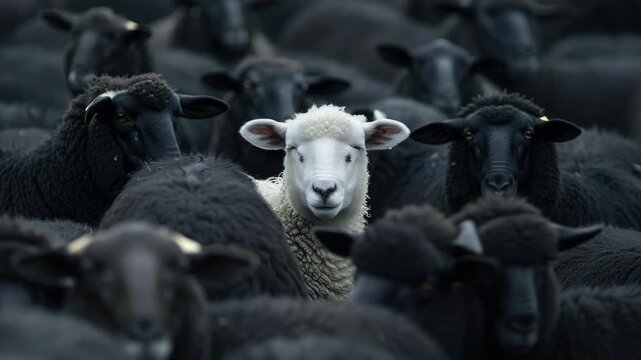 Amidst the black sheep, a white lamb stands out