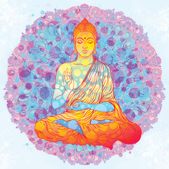 Acid Lord Buddha, ornate mandala round pattern mushroom illustration. Esoteric vintage vector illustration. Indian, Buddhism, spiritual art. Hippie tattoo, spirituality, rave party poster.