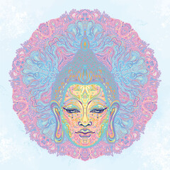 Acid Lord Buddha, ornate mandala round pattern mushroom illustration. Esoteric vintage vector illustration. Indian, Buddhism, spiritual art. Hippie tattoo, spirituality, rave party poster.