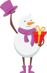 Obraz premium Snowman with christmas gift. Winter holiday present card