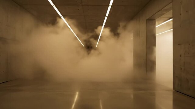 Underground concrete corridor filled with drifting smoke, minimalist industrial interior with ceiling strip lights, eerie cinematic mood for mystery, Halloween theme